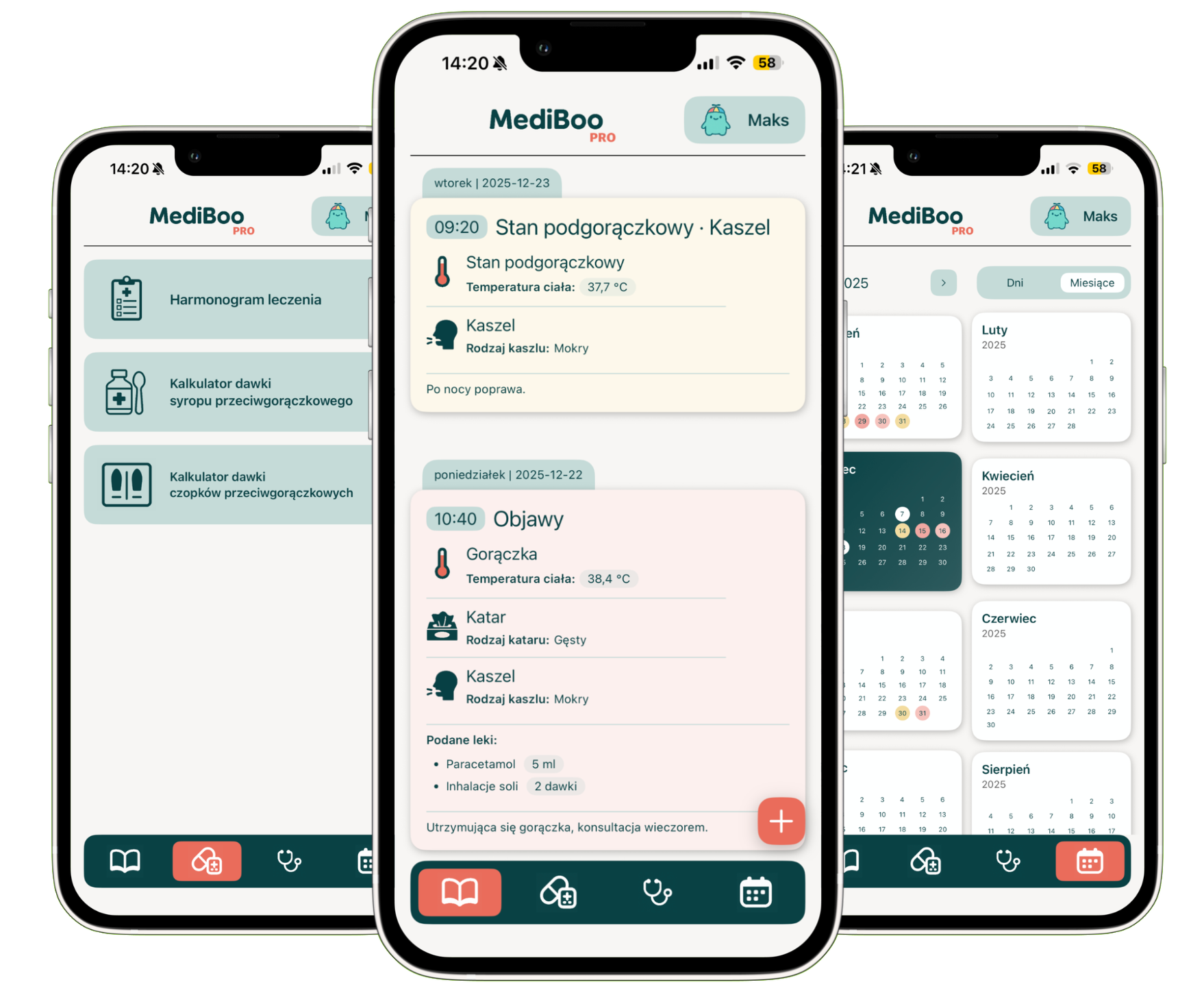 Podgląd aplikacji MediBoo — zeszyt chorobowy i kalendarz gorączki